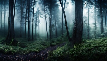 dark forest panorama fantasy landscape - obrazy, fototapety, plakaty