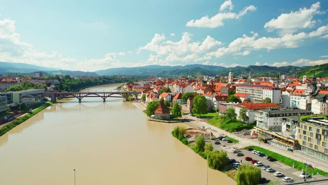 Maribor cityscape aerial view at sunny day, Slovenia