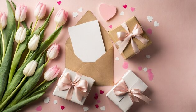 mother s day celebration concept top view photo of gift boxes with ribbon bows pink and white tulips envelope with letter and small hearts on pastel pink background with copyspace
