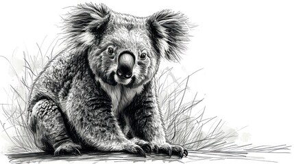  a black and white drawing of a koala sitting on the ground with its front paws on the ground, with grass in the foreground and a white background.