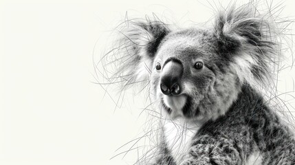  a black and white photo of a koala with long hair on it's head, looking at the camera, with its mouth open and eyes wide open.