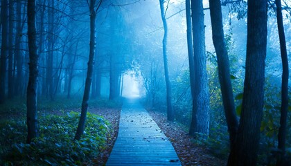 Obraz premium mysterious blue toned forest pathway footpath in the dark foggy autumnal cold forest among high trees