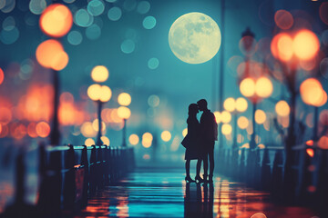 A romantic scene on a moonlit retro-style pier, Valentine’s Day, blurred background