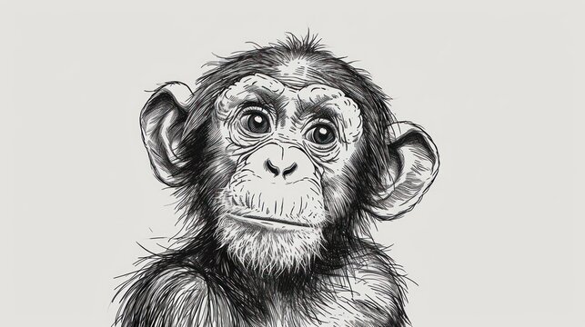  a black and white drawing of a monkey with a sad look on it's face, looking at the camera with a serious look on his face and a white background.