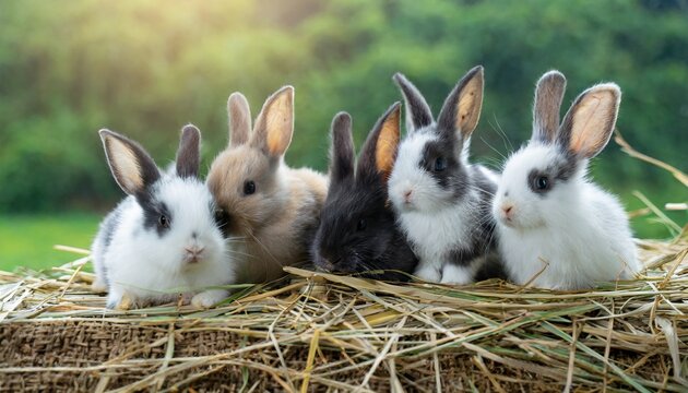 five small adorable rabbits baby fluffy rabbits sitting on dry straw green nature background bunny pet animal farm concept