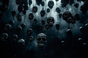 Death black skulls floating in the sky. Generative AI
