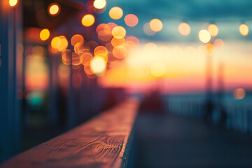 A nostalgic seaside boardwalk at sunset, Valentine’s Day, blurred background - obrazy, fototapety, plakaty