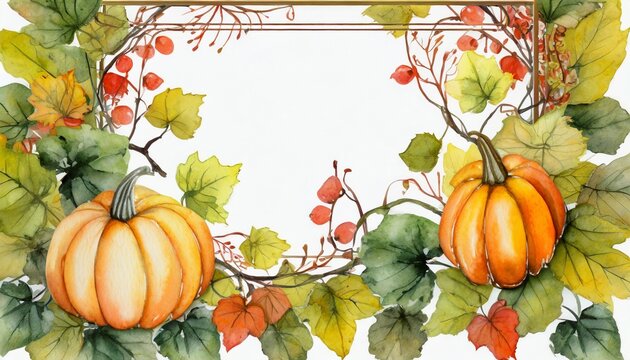 watercolor autumn frame with pumpkins and vines leaves and place for text
