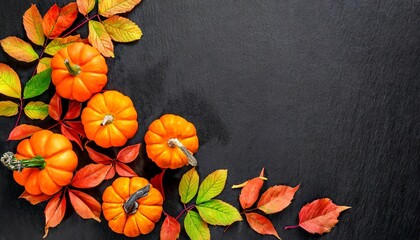happy halloween flat lay mockup with pumpkins and leaves on black background autumn holiday concept composition top view with copy space generated ai