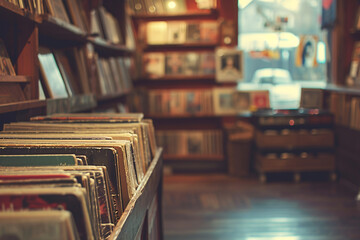 An old-fashioned record store with vinyl records, Valentine’s Day, blurred background - obrazy, fototapety, plakaty