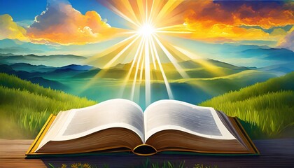 bible illustration open book landscape art paradise sun light prayer jesus god divine nature background sky clouds faith religion dream christmas easter gerernative ai