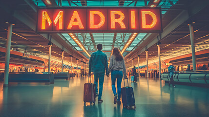 Una pareja joven en el aeropuerto de Madrid, España preparados para disfrutar de sus vacaciones - obrazy, fototapety, plakaty