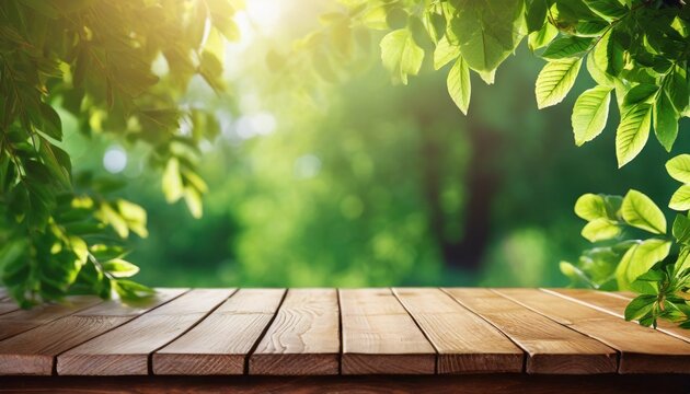 spring summer beautiful natural background with green foliage in sunlight and empty wooden table outdoors