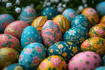 Fototapeta na wymiar Colorful Festive Eggs with Patterns and Floral Designs AI Generated