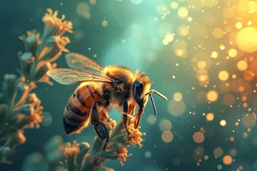 Fotobehang Colorful Bee in a Fantasy Environment with a Golden Spotlight on a Flower AI Generated © Alex