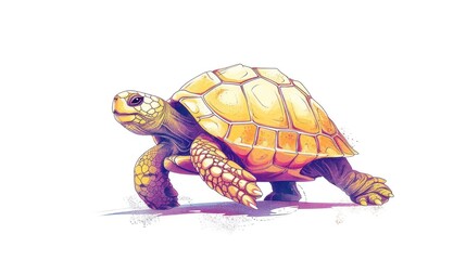 Obraz premium a drawing of a tortoise on a white background with a blue sky in the back ground and a yellow turtle on the top of it's head.