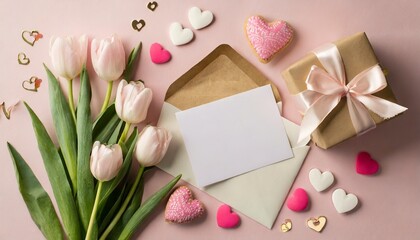 mother s day celebration concept top view photo of gift boxes with ribbon bows pink and white tulips envelope with letter and small hearts on pastel pink background with copyspace