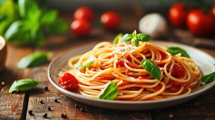  a plate of spaghetti with tomato sauce, basil, and parmesan cheese on a wooden table with tomatoes, basil, garlic, garlic, and pepper, and garlic. - obrazy, fototapety, plakaty