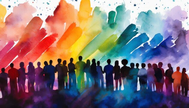 multicolored crowd top view multicultural silhouettes of people spectrum rainbow watercolor style light poster society world