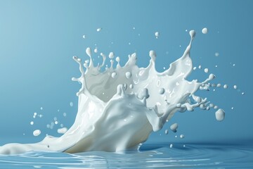Obraz na płótnie Canvas Dynamic Milk Spill on Blue Backdrop: Splash of Clear Dairy with Drops - Breakfast Liquid Template AI Generated