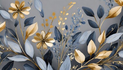 beautiful minimalistic plant nature wallpaper background of blue grey and gold dainty flowers and leaves  - obrazy, fototapety, plakaty