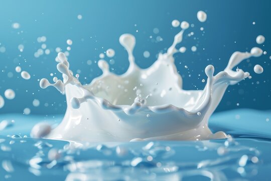 Dynamic Milk Spill on Blue Backdrop: Splash of Clear Dairy with Drops - Breakfast Liquid Template AI Generated