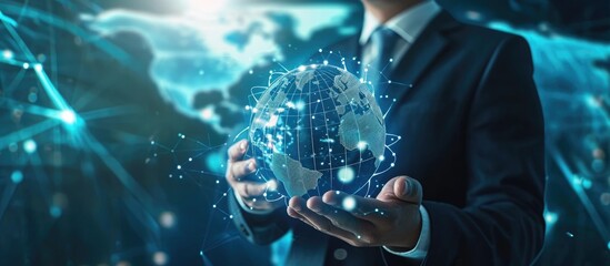 Businessman strategizing global connection, development, leadership, and targeting with technology, marketing, finance, and digital link.