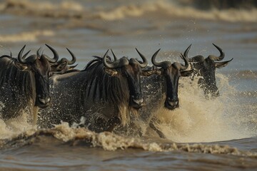 Wildebeests are crossing Mara river. Great Migration. Kenya. Tanzania. Maasai Mara National Park. - obrazy, fototapety, plakaty