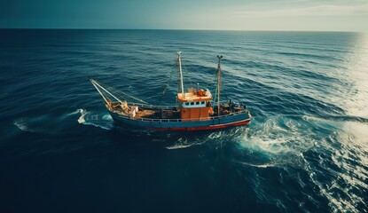 Small fishing boat sailing in the open sea. Generative AI. - obrazy, fototapety, plakaty
