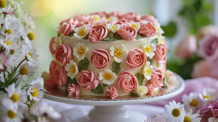 a close up of a cake on a plate with flowers on the side of the cake and a bouquet of daisies and daisies on the side of the cake.