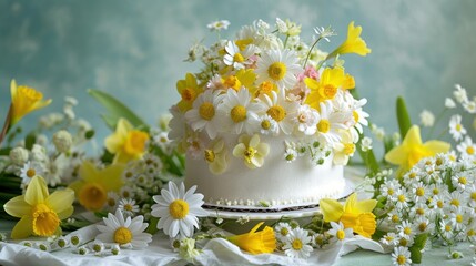  a cake with white frosting and yellow and white flowers on top of a table with white and yellow flowers on the side of the cake and a blue background.