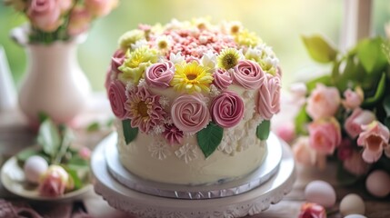  a close up of a cake on a table with pink and yellow flowers on it and a vase with pink and yellow flowers in the middle of the cake on the table.