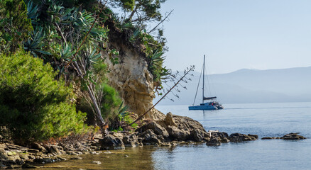 Beach in park around Mon Repos villa in Corfu town with sailing yacht visible - obrazy, fototapety, plakaty