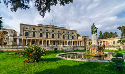 Sunny spring view of Museum of Asian Art. Colorful morning cityscape of Corfu Town, capital of the...