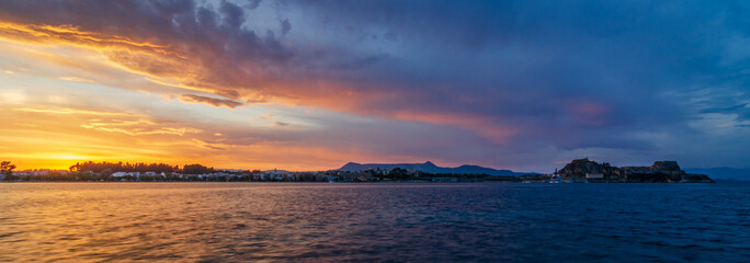 Sunset at Corfu Island with Corfu fortress visible on a warm May evening.