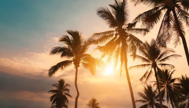 tropical palm coconut trees on sunset sky flare and bokeh nature background