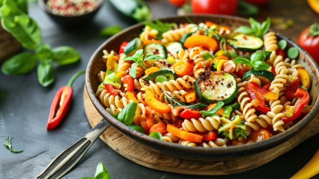 a bowl of pasta salad with tomatoes, peppers, peppers, and basil on a black surface with a fork and knife next to a bowl of tomatoes and peppers on the side.