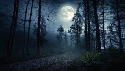 scary spooky dark forest at night with full moon - obrazy, fototapety, plakaty