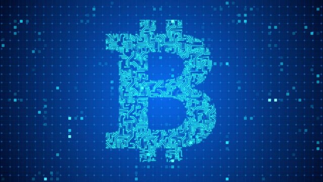 Bitcoin crypto currency symbol made of glowing circuit board with moving electrons on blue cyberspace background. Concept of blockchain technology and Bitcoin mining.