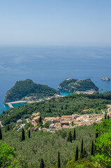 Obraz premium Beautiful aerial view of Palaiokastritsa boats and beach Corfu Greece