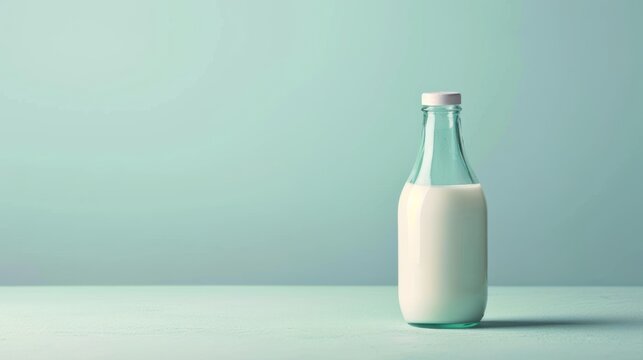  a bottle of milk sitting on a table next to a glass container with a liquid inside of it on a light blue surface with a light green wall in the background.