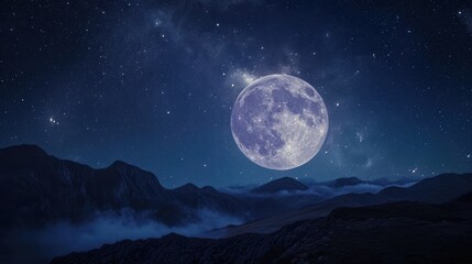  a full moon in the night sky above a mountain range with low lying clouds and a few stars in the sky above the mountain range is a low lying cloud.