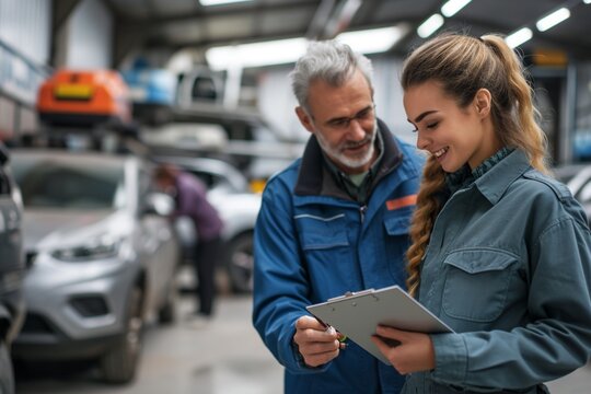 Young female car service manager giving quotation on a clipboard to senior male client and customer for his car maintenance and repair while standing in garage with vehicles for repair