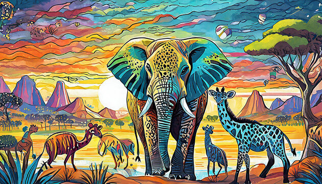 Picture of colorful African animals. Generative AI.