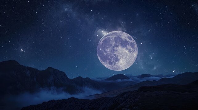  a full moon in the night sky above a mountain range with low lying clouds and a few stars in the sky above the mountain range is a low lying cloud. © Anna