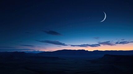  a crescent in the night sky over a mountain range with a crescent in the middle of the night sky and a crescent in the middle of the night sky above the mountain range.