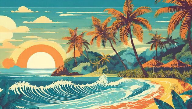 tropical island paradise vintage poster background with palms and sea waves
