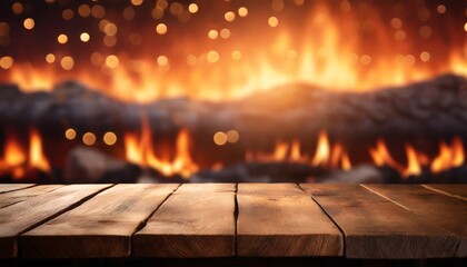 wooden table with fire background - obrazy, fototapety, plakaty