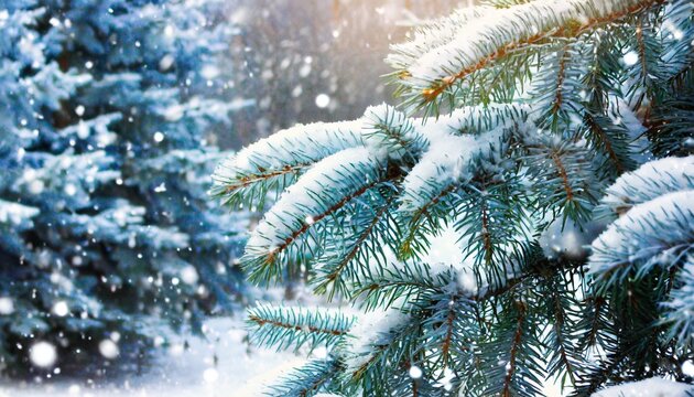 snow fall in winter forest christmas new year magic blue spruce fir tree branches detail banner image