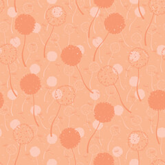 Dandelion Illustration Patterns with Three Fuzz Peach Tones. Monochrome Art Design. Seamless link.